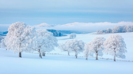 Serene Winter Landscape: Frost-Covered Trees in Snowy Field, Distant Mountains