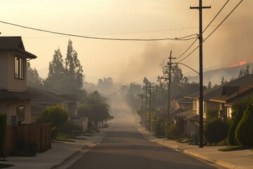 Fototapeta premium A residential street with houses and a fire burning in the distance, ideal for use in news or documentary footage