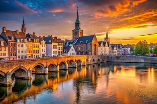 Maastricht River Meuse Architecture, Scenic Dutch Cityscape, Historic Buildings,  Sunrise Reflection
