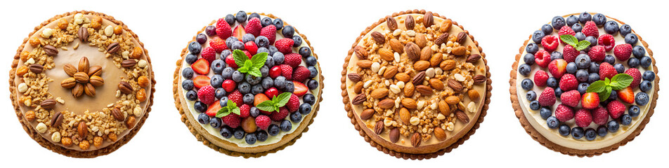 Fototapeta premium set of cakes with berries and nuts top view, isolated soft focus on the transparent background