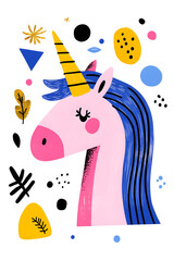 Naklejka premium Cute cartoon unicorn with mane and horn illustration on white background with blossom and flowers. Card and shirt design 