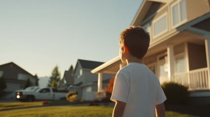 A child gazes at a suburban neighborhood in warm, golden sunlight, evoking a sense of wonder and imagination.