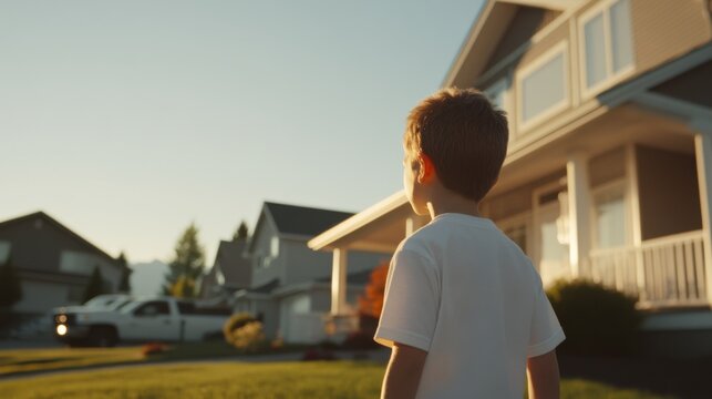 A child gazes at a suburban neighborhood in warm, golden sunlight, evoking a sense of wonder and imagination.