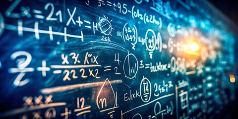 Macro Close-up of Chalkboard Math Equations, Educational Background, Abstract Numbers Texture
