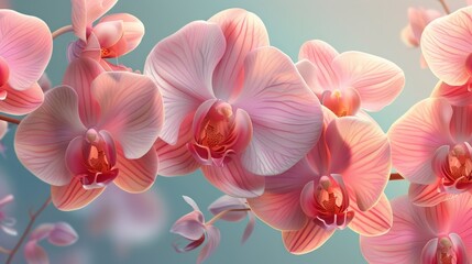 Plakat Pink orchids on a blue background, a great option for backgrounds, advertising flower stores and creating coziness in the interior.
