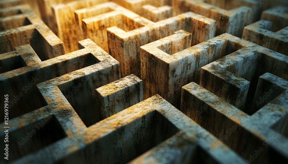 Poster Intricate Wooden Maze Design with Complex Pathways and Natural Lighting, Perfect for Illustrating Challenges and Problem-Solving Themes