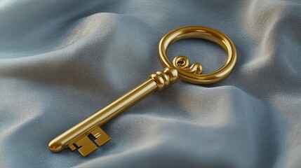 A polished brass key displayed on a soft gray fabric with faint reflections picture