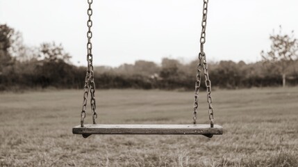 A solitary swing hangs in a serene park, surrounded by lush greenery and a calm atmosphere