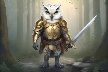 Cute white owl knight in golden armor with sword and shield in misty forest.
