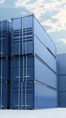 A stack of blue shipping containers against a partly cloudy sky, showcasing the industrial theme and vertical alignment.