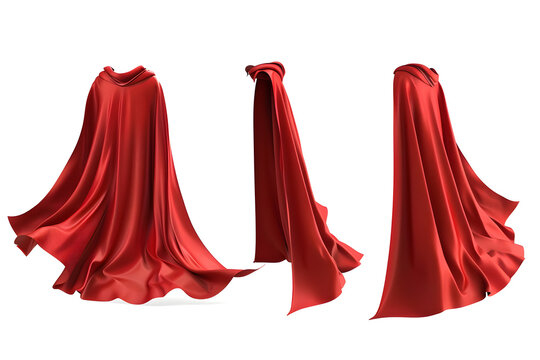 Superhero red cape set, front, back and side view 3d illustration Isolated on white background	