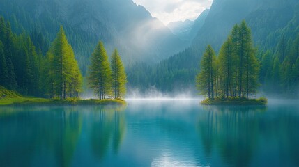Misty mountain lake sunrise, serene landscape, postcard