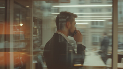 businessman in suit talking on phone in modern office setting, reflecting busy work environment. image captures sense of professionalism and focus