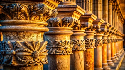 Obraz premium Macro Detail of Ancient Stone Colonnade, Architectural Texture, Weathered Stone Columns Close-up