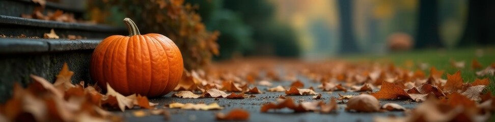 Dry leaves and twigs litter the ground with a pumpkin on the porch step, weather, halloween, step