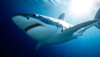 Naklejka premium A close-up of a great white shark swimming gracefully underwater, with sunlight filtering through the water, showcasing its powerful body and sharp teeth. The deep blue ocean background enhances the m
