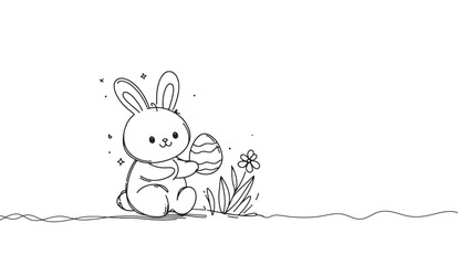 A Simple Easter, A Sweet Bunny Holding a Decorated Egg Amidst Grass and a Flower, all sketched in a minimalistic black line design,