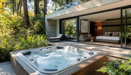 A modern terrace with a bubbling hot tub framed by lush greenery exudes tranquility and luxury, perfect for relaxation under the sun  -