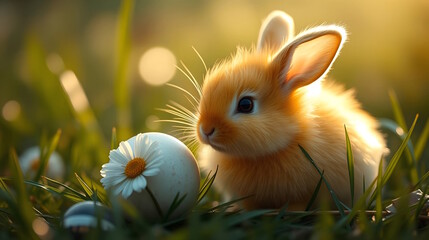 Easter bunny with spring flowers and easter egg on green grass background, Holiday greeting card, copy space.