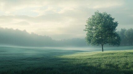 Obraz premium Peaceful meadow landscape with a solitary tree bathed in soft dawn light under a serene morning sky