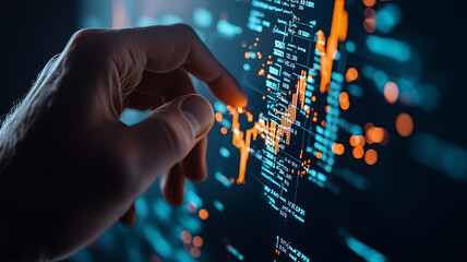 Hand interacting with digital data visualization, showcasing financial trends and analytics in modern workspace. vibrant colors highlight key metrics and insights