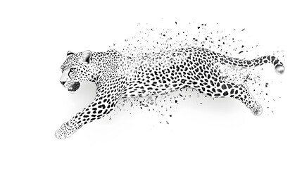 Leopard running at full speed black and white illustration isolated on white background