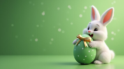 Fototapeta premium Easter bunny with polka dot easter green egg and golden bow on festive green background. Happy Easter greeting card, Holiday banner with free space for text.