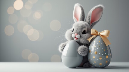 Fototapeta premium Easter bunny with gray easter egg on festive gray background. Happy Easter greeting card with free space 