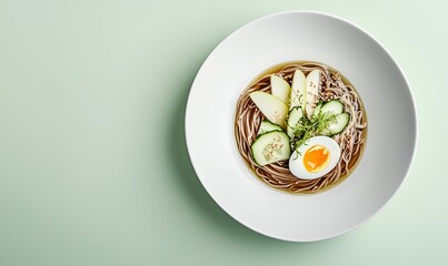 Cold naengmyeon with cucumber, pear, and boiled egg served in chilled broth on a smooth white plate