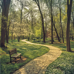 Fototapeta premium Serene Park Scene with Winding Path and Wooden Bench During Springtime