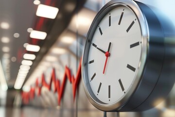 An animated inflation clock ticking upwards, An alarm clock rests on a table beside a stock chart, Time is money