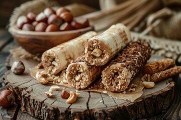 Sweet rolls with nuts and chocolate cream lying on wooden cut are surrounded by nuts in shell and wafer rolls