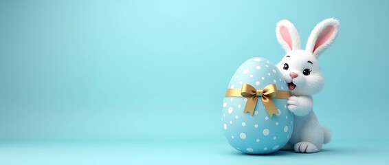 Obraz premium Easter white bunny with easter blue polka dot egg on blue background