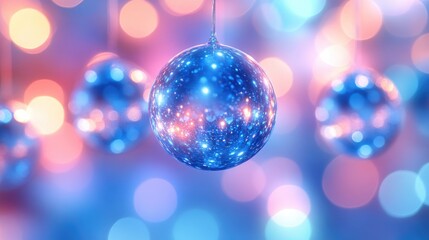 A blue Christmas ball hanging from a string, ready for decoration