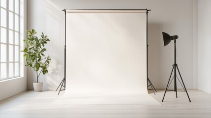 A photography studio setup with a white backdrop paper roll, tripod stand, and potted plant, bathed in soft, natural light from a large window.