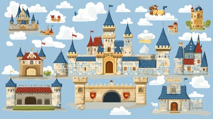 A whimsical collection of fairytale castles and airborne creatures against a light blue sky