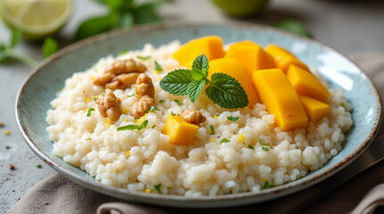 plate of rice porridge with coconut milk, mango, and walnuts