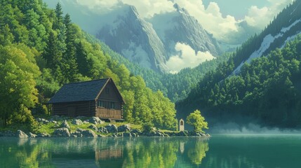 Obraz premium Scenic river view with quaint village nestled among lush mountains 