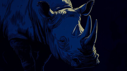 Cover page with portrait of huge African rhino with a big horn at dark background with copy space, closeup, details. Species extinction with habitat destruction concept illustration isolated on white 