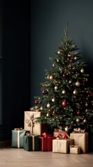 A beautifully decorated Christmas tree stands against a navy blue wall, adorned with red and gold ornaments, surrounded by wrapped gifts in festive colors.