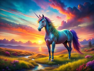 Naklejka premium Magical Multicolored Unicorn in Mystical Landscape - Fantasy Stock Photo