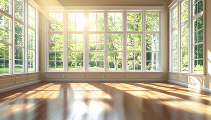 A sunlit room with large windows and polished wood floors evokes a serene and open atmosphere, inviting moments of calm and reflection  -