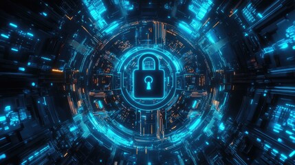 Cybersecurity: Glowing Blue Digital Lock in Futuristic Circuitry