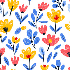 Folk art inspired hand-drawn seamless pattern with flowers, on white background