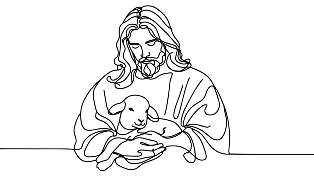 Jesus Christ holding a lamb in minimalist style one line drawing