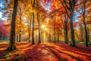 Obraz premium Majestic Autumn Forest: Sunbeams Through Colorful Fall Foliage