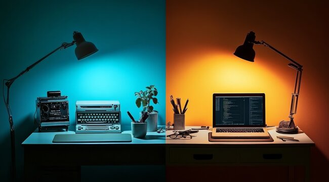 A visual representation of the contrast between old and new technology.