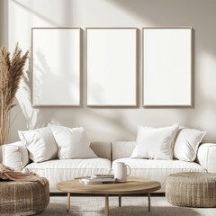Modern Living Room with Cozy Sofa and Blank Frames on Wall