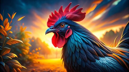 Majestic Black Rooster, Sharp Focus Farm Animal Portrait
