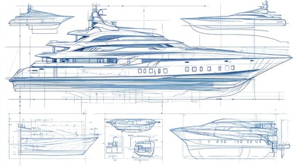 Technical drawing of a luxury yacht design showcasing various views and dimensions.